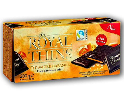 Royal Thins Caramel & Sea Salt 200g hořká čokoláda plněná krémovou náplní s příchutí  karamelu a mořské soli