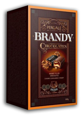 PERGALE BRANDY CHOCOLATES 190g, pralinky z hořké čokolády s tekutou alkoholovou náplní s příchutí brandy