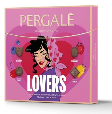 PERGALE LOVERS 118g směs pralinek z mléčné čokolády s jahodovou, borůvkovou, mangovou a třešňovou náplní