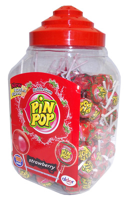 Pin pop 18g, jahodové lízátka se žvýkačkou