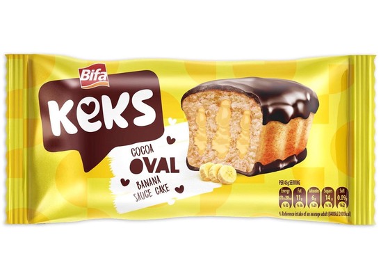 Keks Oval 45g jemné pečivo s banánovou náplní polomáčené v kakaové polevě