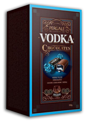 PERGALE VODKA CHOCOLATES 190g, pralinky z hořké čokolády s tekutou alkoholovou náplní s příchutí vodky