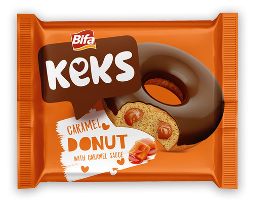 Keks donut 40g jemné pečivo s karamelovou náplní polomáčené v kakaové polevě