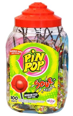 Pin pop sour assorted 17g, kyselá lízátka se žvýkačkou