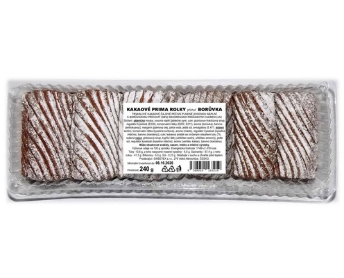 KAKAOVÉ PRIMA ROLKY 240g trvanlivé kakaové čajové pečivo plněné s ovocnou náplní s borůvkovou příchutí dekorováno práškovým cukrem
