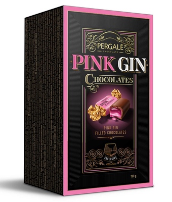 PERGALE PINK GIN 190g pralinky z hořké čokolády s tekutou alkoholovou náplní s příchutí ginu