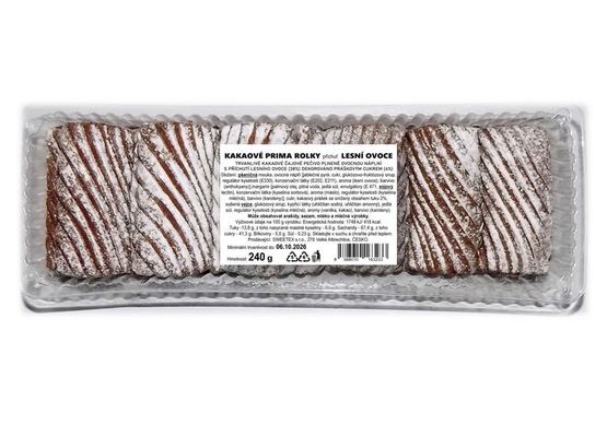 KAKAOVÉ PRIMA ROLKY 240g trvanlivé kakaové čajové pečivo plněné s ovocnou náplní s příchutí lesního ovoce dekorováno práškovým cukrem