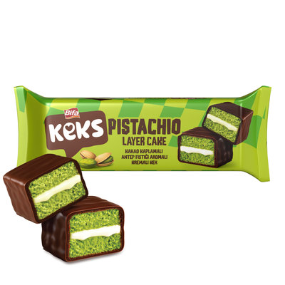 Keks pistachio layer cake 45g jemné pečivo s náplní s pistáciovou příchutí celomáčené v kakaové polevě
