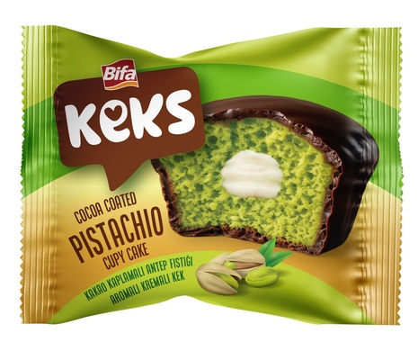 KEKS PISTACHIO CUPY CAKE 45g jemné pečivo s náplní s pistáciovou příchutí celomáčené v kakaové polevě